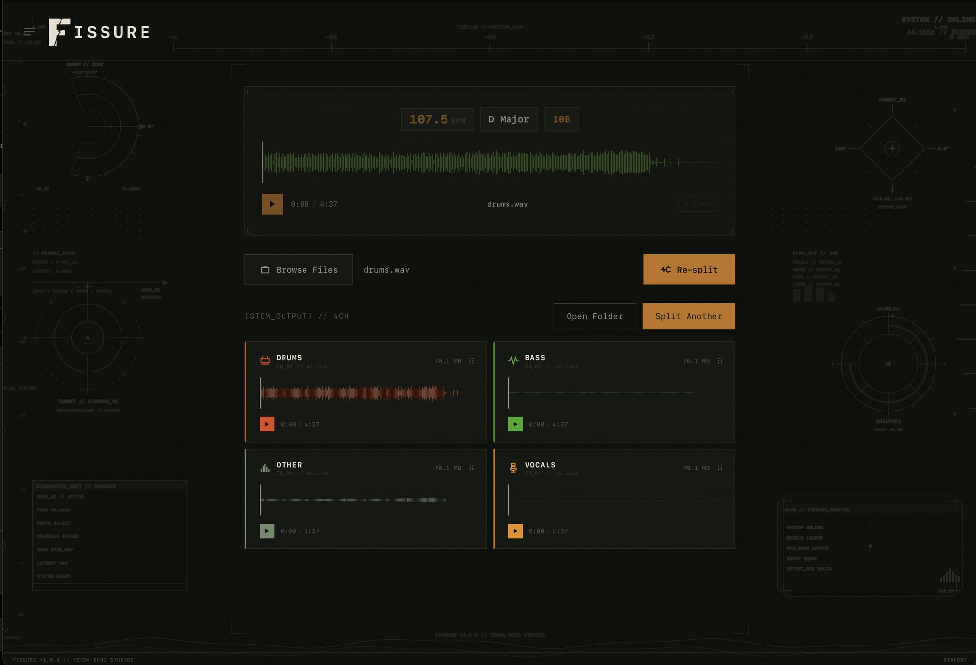 FISSURE app showing a track split into Drums, Bass, Other, and Vocals stems with BPM and key detection
