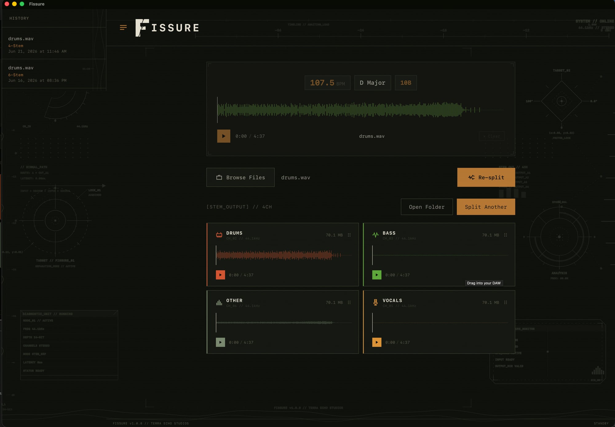 FISSURE app drag-and-drop screen with 4-stem, 6-stem, and vocal-priority separation modes